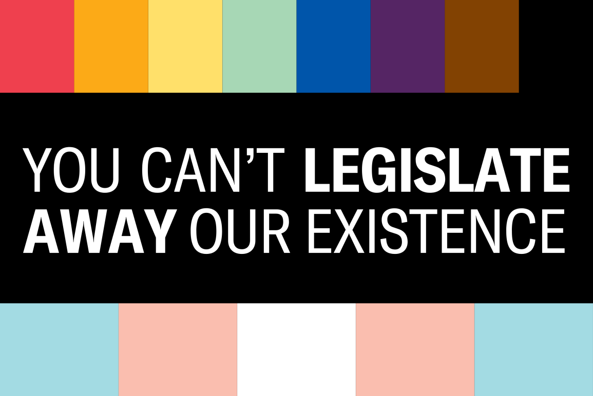 White text that says "You can't legislate away our existence" on a background with the LGBTQ+ pride colors in blocks on the top and bottom. 