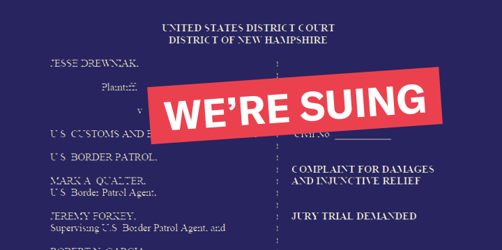 Background of text from the court document, with red box that says "we're suing"