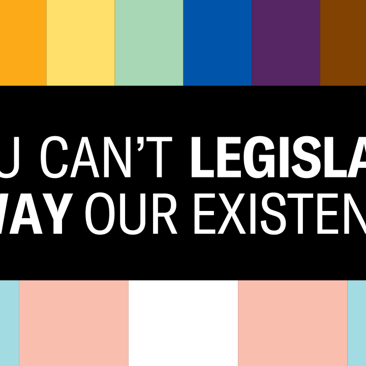 White text that says "You can't legislate away our existence" on a background with the LGBTQ+ pride colors in blocks on the top and bottom. 