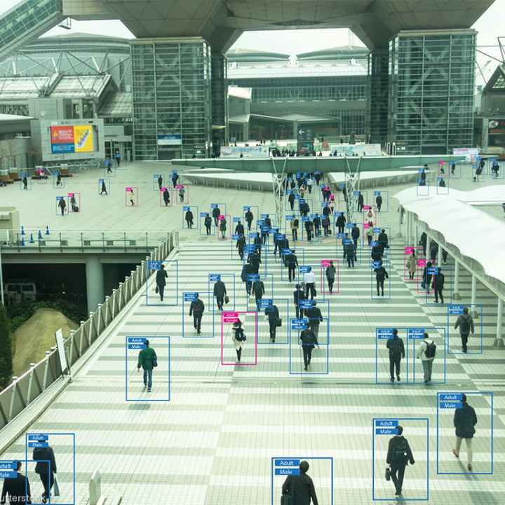 View of people from afar with human recognition markers around them